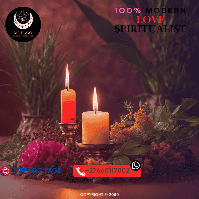 A burning candle surrounded by African herbs for love attraction.