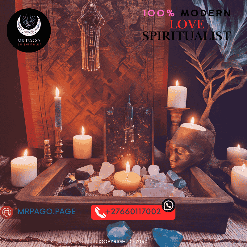 A candle-lit altar with Muti and crystals, blending African and Western love healing methods.