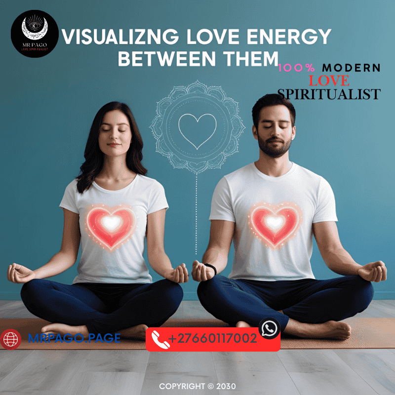 A couple sitting in meditation, visualizing love energy between them.