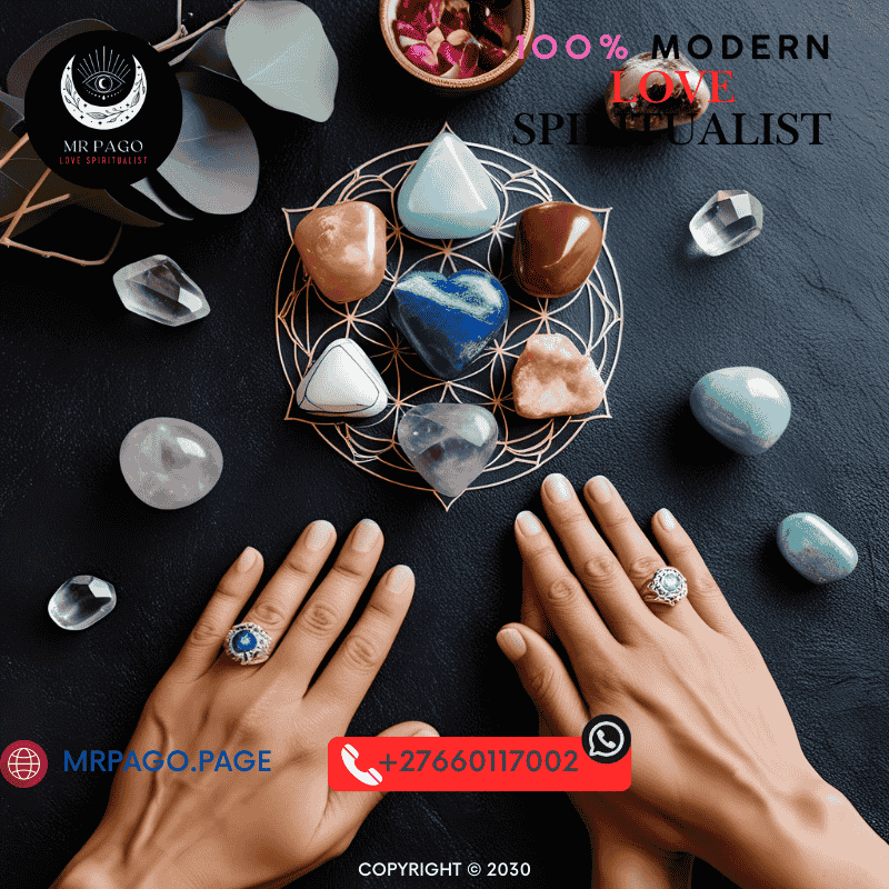 A crystal chakra layout with couple’s hands resting nearby – Spiritual energy healing for marriage