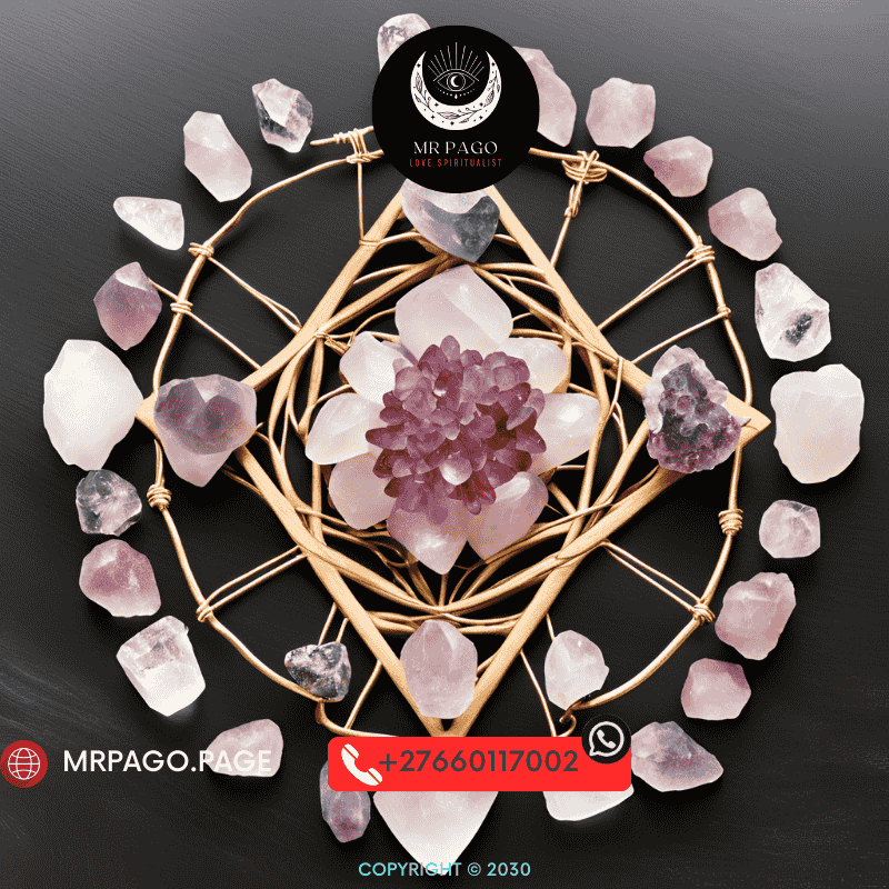 A collection of love crystals including rose quartz, amethyst, and garnet.