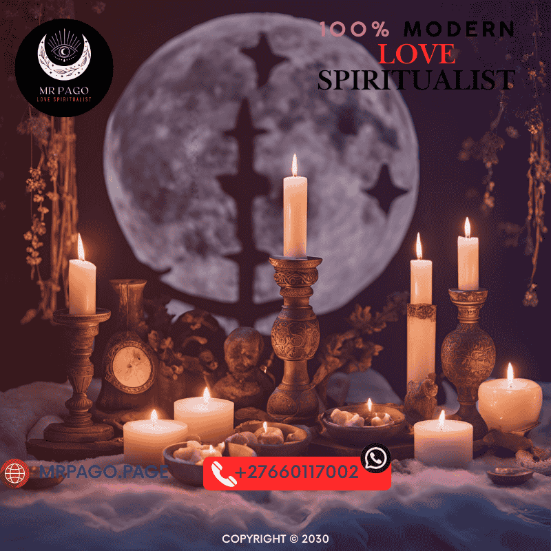 A full moon night with candles and a love spell altar.