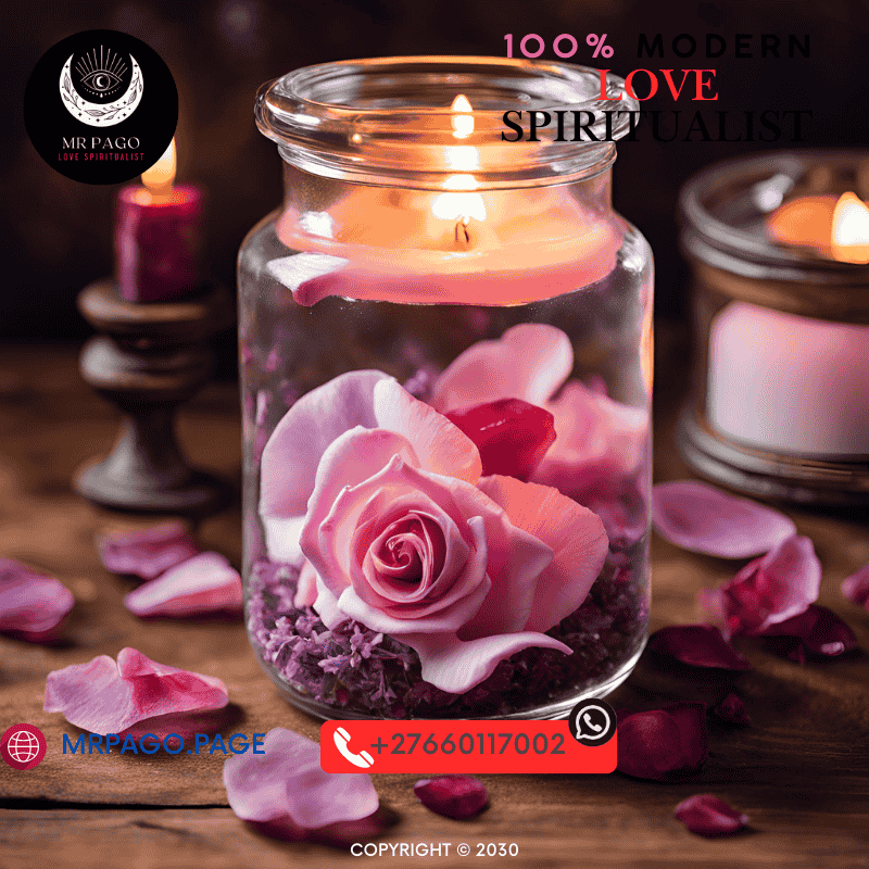 A love spell jar filled with rose petals, lavender, and a rose quartz crystal.