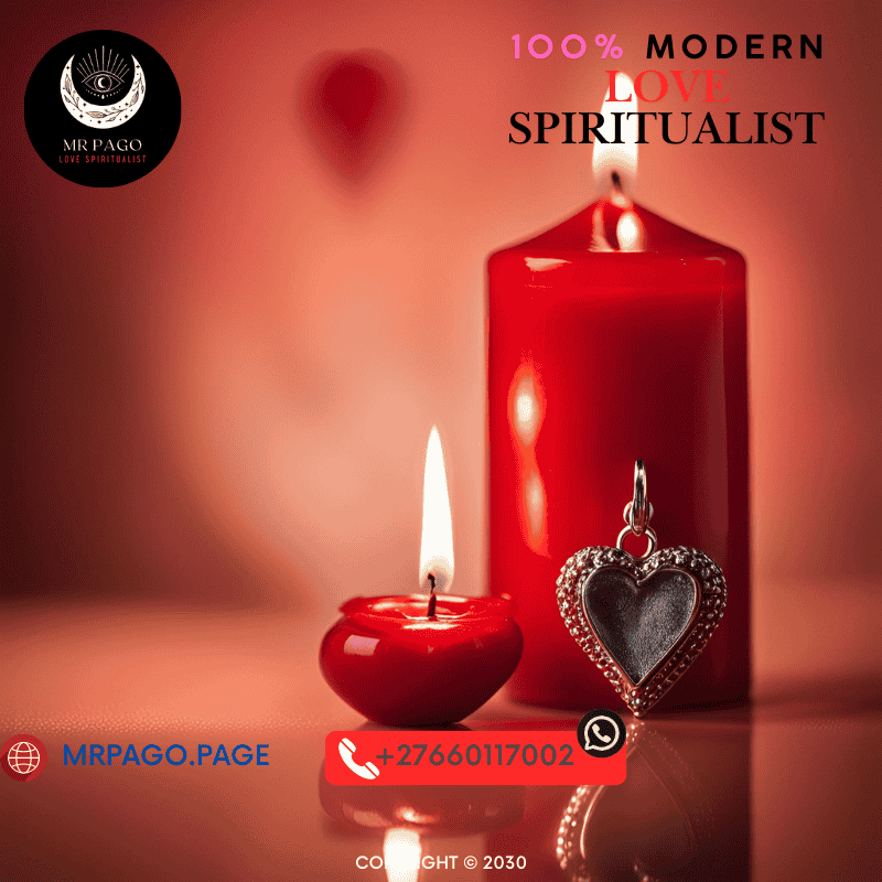 A red candle burning next to a heart-shaped charm, symbolizing love binding magic.