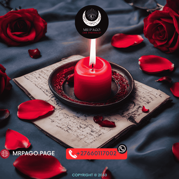 A red candle burning with rose petals around it – symbolizing love spell energy."