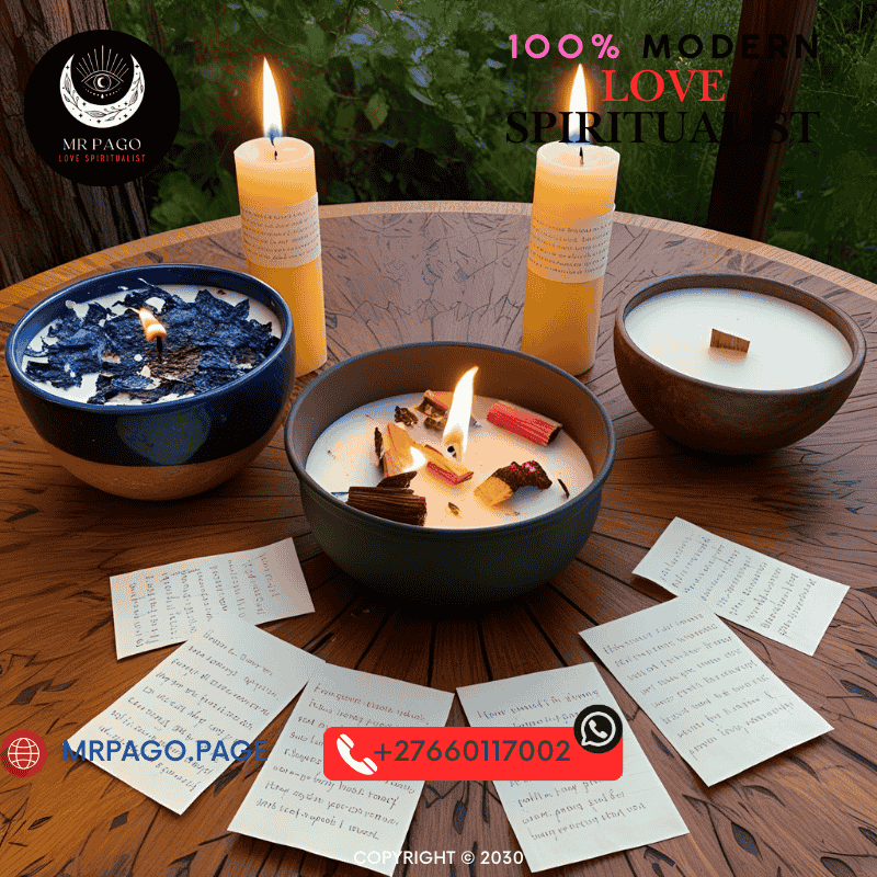 Full moon ritual setup with candles and written notes being burned in a safe container (1)