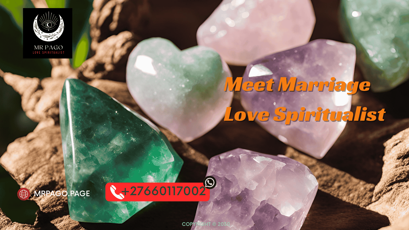 A collection of love crystals, including rose quartz, amethyst, and green aventurine.