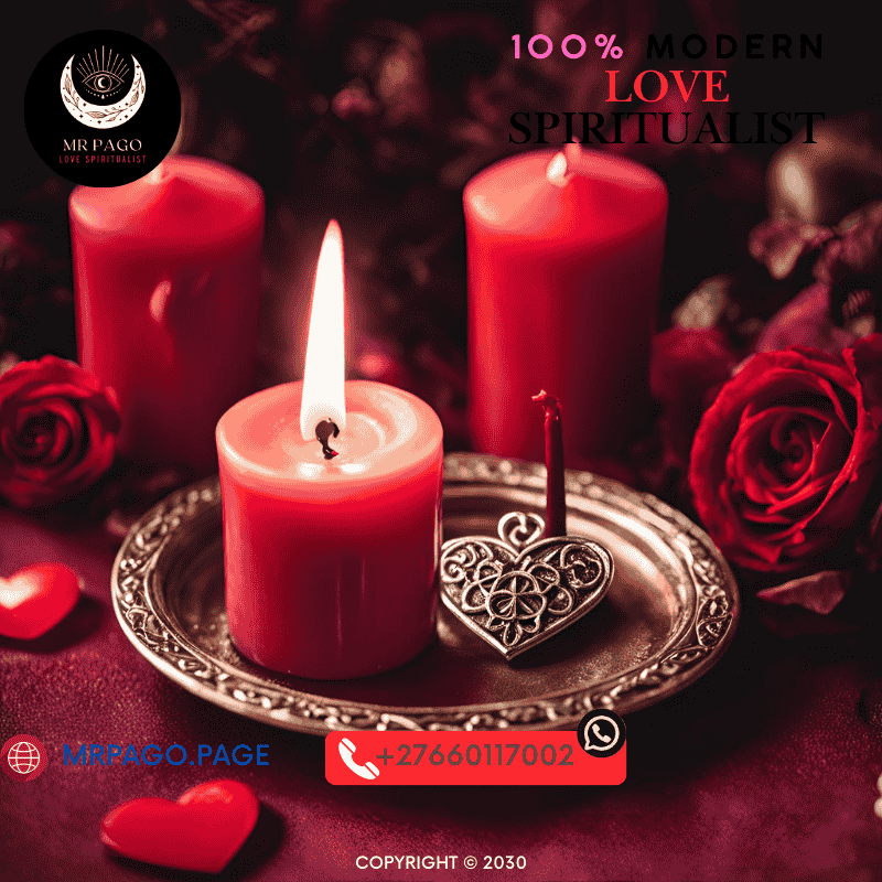 A sacred ritual setup with white candles and red roses for love spells.