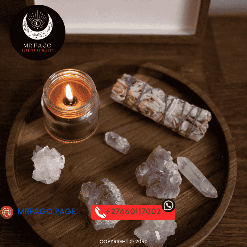 A spiritual altar with love spell ingredients – candles, herbs, and crystals."